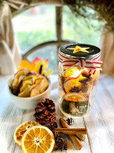 Mason Jar Lantern Autumn Themed with Handmade Dried Fruit, Acorns and Pine Cones
